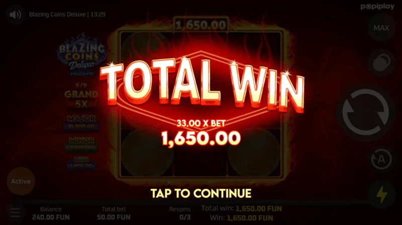 Blazing Coins Deluxe respin toplam kazanç